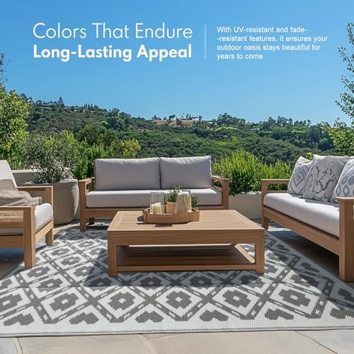 PASAMIC 9x18ft Outdoor Rug Waterproof, Reversible Plastic Straw Outdoor Patio Rug Clearance, Portable Indoor Outdoor Carpet for Patio, RV, Deck, Balcony, Backyard, Picnic, Beach, Square Dashed Gray - Image 4