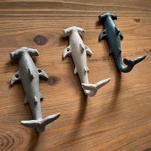 Set of 3 Hammerhead Shark Wall Hooks, 5 Inch Blue Gray White Cast Iron - Image 5