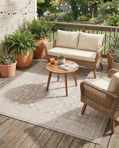 Rugs.com - Outdoor Aztec Rug – 8 Ft Square Light Gray Indoor/Outdoor Rug – Flatweave Geometric Area Rug for Patios, Decks, and Porches by Rugscom