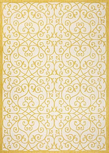 Eyely Filigree Textured Weave Area Rug 5X8 Cream/Yellow, Indoor Outdoor Rug - Image 3