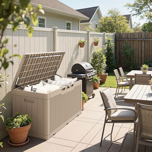 Greesum 100 Gallon Resin Deck Box Large Outdoor Storage Boxes with Cushions for Garden Tools, Patio Furniture Pillows, Pool Supplies, Light Coffee - Image 5