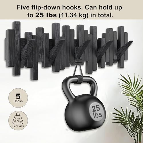 Coat Rack Wall Mount Piano Flip Down Wall Hook Rack 5 Hooks Oak - Image 3