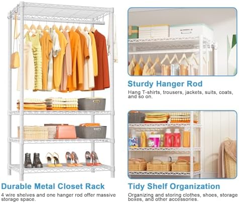 Ulif H4 Portable Closets, 4-Tier Metal Clothes Garment Rack for Bedroom and Cloakroom, Clothing Closet Storage and Organizer Wardrobe, 35.4" W x 14" D x 76.4" H, White - Image 6