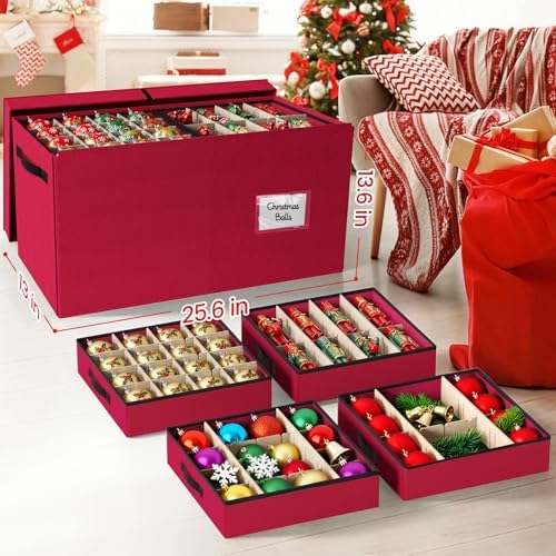 StorageRight Christmas Ornament Storage Box - Ultra Large Drawer Ornament Organizer with 8 Separate Trays & Adjustable Dividers, Portable Ornaments Box with Cover & Handle for Holiday Decorations(Red) - Image 3