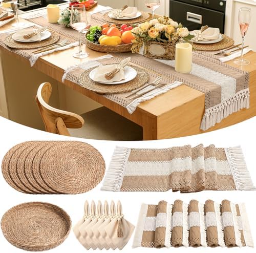6 Sets Boho Placemat Table Runner Napkin Rings, Neutral, 12x72 by Gandeer