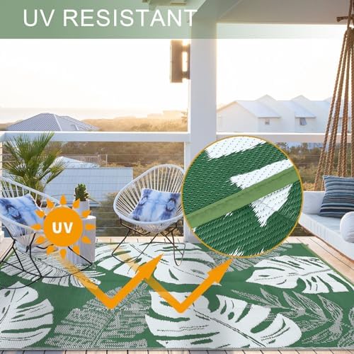 COZYLOOM Waterproof Outdoor Rug 8 x 10 Plastic Straw Rug, Tropical Leaf Woven Patio Carpet, UV-Resistant Reversible Mat, Large Modern Outside Rug for Backyard, RV, Deck, Picnic, Green White - Image 6
