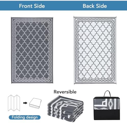 Outdoor Patio Rug 10x20 Outdoor Rug Trellis Plastic Straw Rug for Patio Reversible Mats Waterproof Camping Rug for RV Beach Deck Picnic Backyard Porch Easy Cleaning Floor Mat Grey White - Image 5