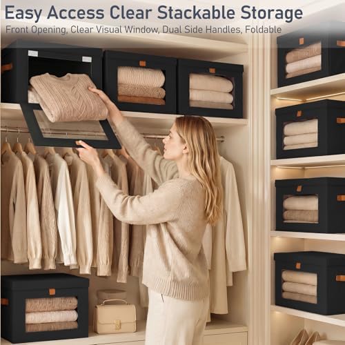 DIMJ Storage Bins with Lids - 6 Pack Front Opening Stackable Fabric Storage Boxes with Clear Window & Handles, Collapsible Closet Organizers for Clothes, Sweaters, Shelf Storage, Bedroom, Black - Image 2