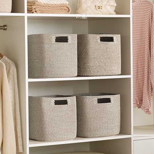 UBBCARE Set of 4 Storage Basket-13 X 13 X 13 in, Cotton Rope Baskets for Shelves, Toys, Book, Cube Storage Bins with Handles, Woven Storage Basket for Organizing, Mix-Brown - Image 6