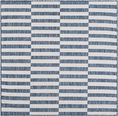 Unique Loom Outdoor Striped Collection Area Rug - Striped (5' 3" Square Blue/Ivory) - Image 3