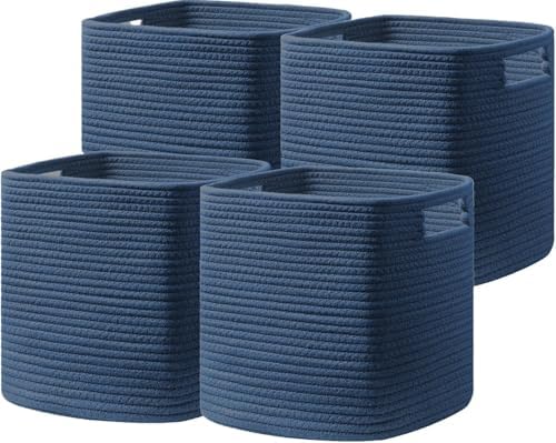 UBBCARE Set of 4 Cotton Rope Basket 12 X 12 X 12 Inches, Woven Storage Baskets for Shelves, Organizing with Handles, Cube Storage Bins for Storage Books, Magazines, Navy Blue by UBBCARE