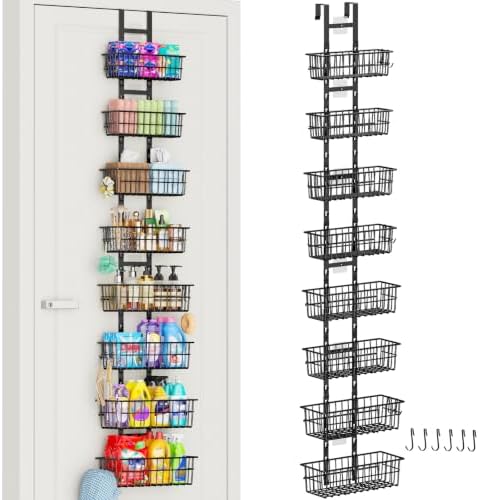 Hongtamoya 8 Tier Over The Door Organizer, Adjustable Hanging Door Organizer with 8 Wire Baskets 6 Hooks, Behind The Door Storage for Pantry Closet Bedroom Bathroom Cabinet Kitchen Laundry Room, Black by Hongtamoya