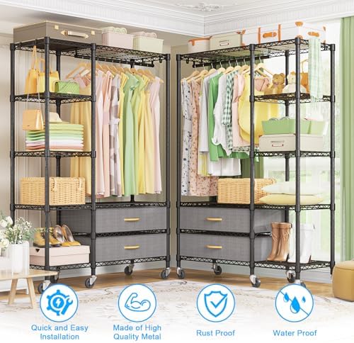 Ulif F3R Heavy Duty Clothes Rack（With Lockable Wheels）Freestanding Clothing Racks for Hanging Clothes，Adjustable Closet Organizer System，Portable Garment Rack 40"W x 15"D x 74"H，Max Load 700LBS，Black - Image 4