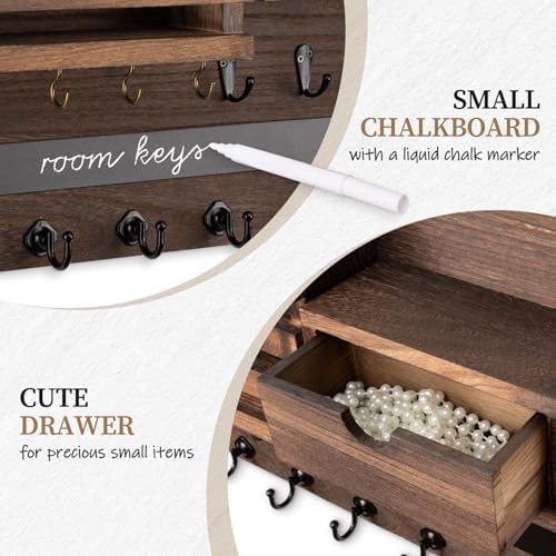 Nekon Key Holder Wall Mount with Drawer, 14.5" Mail Holder, Brown - Image 3