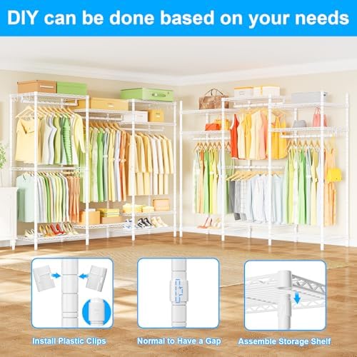 Ulif E13 Heavy Duty Clothes Rack（With 4 Hanger Rods & 8 Shelves） Freestanding Clothing Racks for Hanging Clothes，Adjustable Closet Organizer，Metal Garment Rack 63" W x16 D x77 H，Max Load 900LBS，White - Image 4