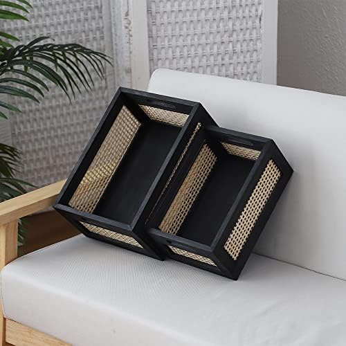 Wicker Wood Storage Baskets with Handle, Set of 2, Black - Image 5