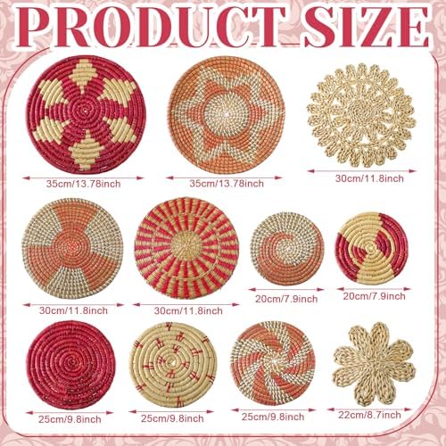 Tatuo 11 Pcs Boho Wall Basket Decor Woven Wall Hanging Art, Pink - Image 3