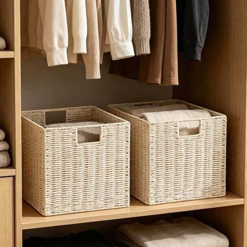 Vagusicc Wicker Storage Basket, Set of 2 Hand-Woven Paper Rope Storage Baskets, Foldable Cube Storage Organizer Bins, 11 Inch Wicker Storage Baskets for Shelves and Decor, Square Storage Basket, Beige - Image 5