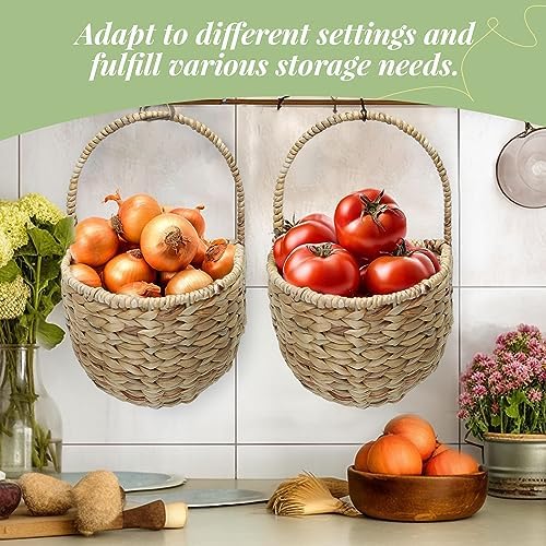 Wall Hanging Baskets Set of 2, Water Hyacinth Woven Basket, Flat Back Hanging Baskets for Plants & Flowers, Semi-Round Wall Decor for Garden, Porch, Bathroom & Kitchen - Image 3