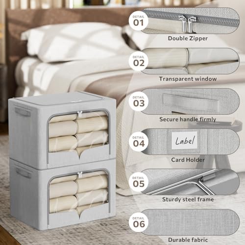 FHSQX 3 Pack Clothes Storage Bins - Foldable Metal Frame Storage Box - Stackable Linen Fabric Container Organizer Set with Carrying Handles and Clear Window (Light Gray, 19.7x15.7x13inch(66L)) - Image 3