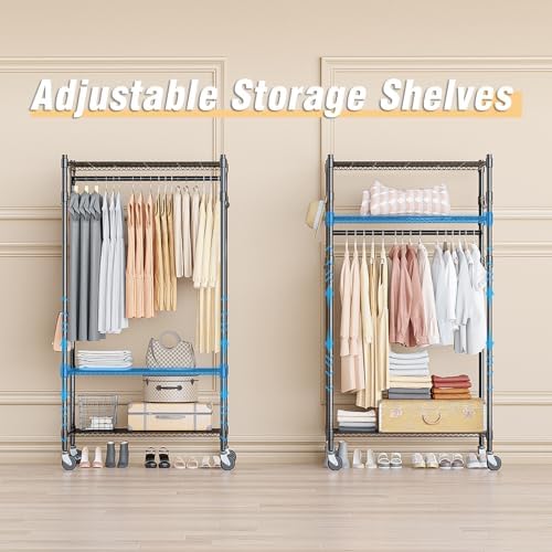 Homdox Heavy Duty Clothing Rack with 3 Tier Adjustable Wire Shelves, Garment Racks for Hanging Clothes, Double Rods Clothing Rack, Freestanding Closet Wardrobe with Side Hooks, Black - Image 5