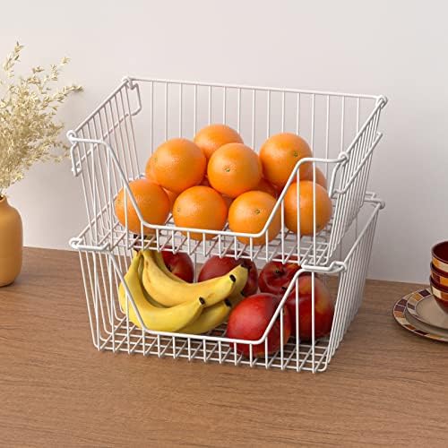 Slideep 14'' Large Metal Wire Storage Organizer Bin Basket Farmhouse Decor Stackable Storage Organizer for Pantry Home Bathroom Kitchen Organization White - 6 Pack - Image 6