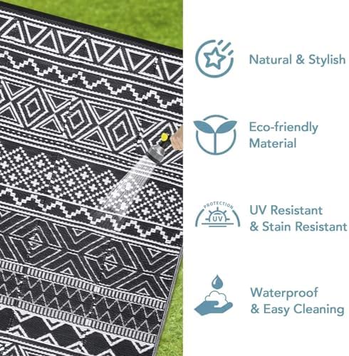 Outdoor Rug 9x12 Reversible Patio Rug Outdoor Plastic Straw Rug Bohemian Washable Rug Waterproof for Deck RV Outside Rug for Patio Backyard Picnic Camp Beach Balcony Black White - Image 6
