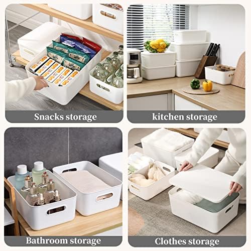 Yishyfier Plastic Storage Baskets Bins Boxes With Lids,Organizing Container White Storage Organizer Bins For Shelves Drawers Desktop Playroom Classroom Office,3-Pack(M+2S) - Image 4