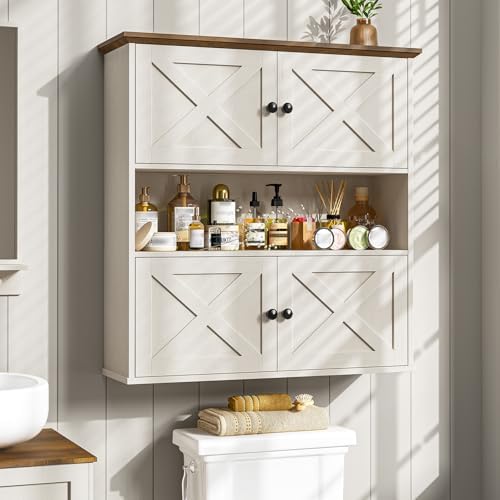 Vabches Bathroom Wall Cabinet, Farmhouse Medicine Cabinet with 4 Barn Doors, Large Wooden Vintage Storage Cabinet Wall Mounted for Bathroom, Kitchen, Rustic White by Vabches