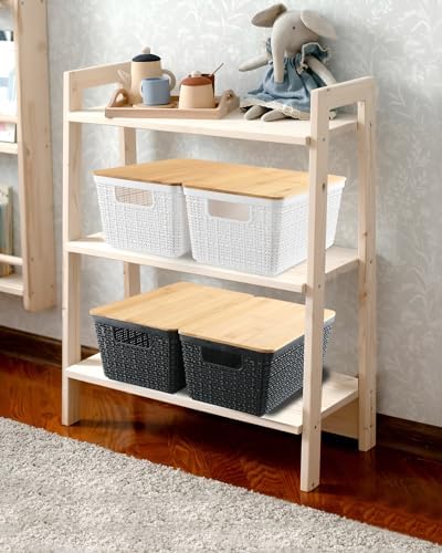 EOENVIVS Storage Bins with Lids 6 Packs, Plastic Storage Baskets with Bamboo Lids-Stackable Storage Containers for Shelves Drawers Desktop Closet Pantry Playroom Classroom Office, Black - Image 6