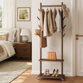 Yoobure Solid Wood Coat Rack Freestanding - Rolling Clothes Rack with 8 Hooks & Shelves, Small Clothing Rack with Wheels, Heavy Duty Clothing Racks for Hanging Clothes, Portable Hall Tree for Entryway by Yoobure