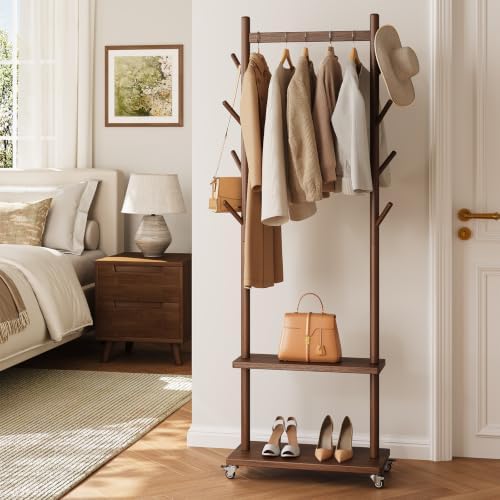 Yoobure Solid Wood Coat Rack Freestanding - Rolling Clothes Rack with 8 Hooks & Shelves, Small Clothing Rack with Wheels, Heavy Duty Clothing Racks for Hanging Clothes, Portable Hall Tree for Entryway by Yoobure
