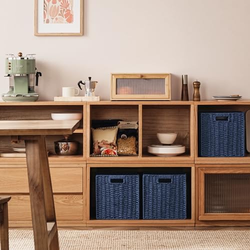UBBCARE 3 Pack Wicker Basket, 11L×11H×10.5W inch Woven Paper Rope Storage Baskets for Shelves, Foldable Cube Storage bin with Handle, Storage Basket for Organizing & Decor, Navy Blue - Image 5