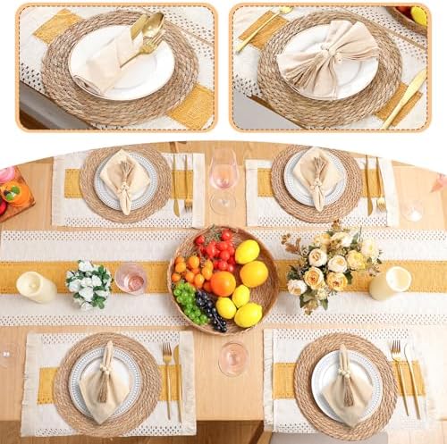 6 Sets Boho Placemat Table Runner Napkin Rings, Yellow, 12x72 - Image 5