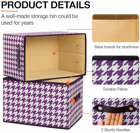 6 Pack Large Collapsible Storage Baskets for Shelves,14.9"x9.5" Fabric Closet storage Boxes with Leather Handles,Decorative Organizers Storage Bins for Clothes,Sheets,Books,(Purple Houndstooth - Image 7