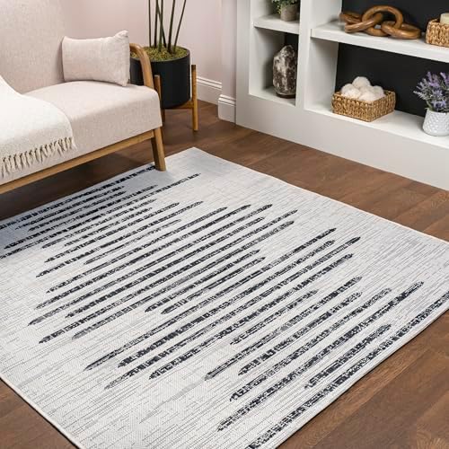 JONATHAN Y Stripe Geometric Indoor Outdoor Square Area Rug 9X9 Ivory/Black, Zolak Berber for Backyard, Patio, Porch, Easy-Cleaning, High Traffic, Pet-Friendly, Non-Shedding (SMB124D-9SQ) by JONATHANY