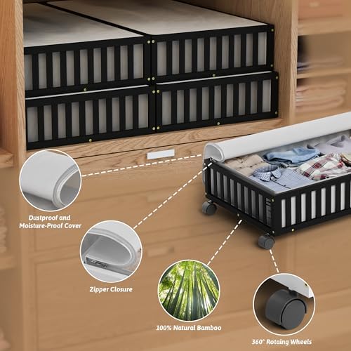 2 Pack Large Bamboo Under Bed Storage Containers with Wheels, Black - Image 3