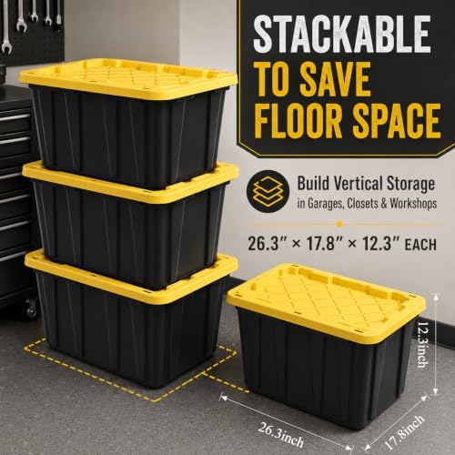 17 Gallon Storage Totes with Lock Holes, Black/Yellow, 4 Pack - Image 2