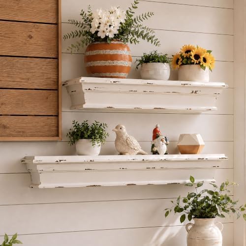 23.6 Inch Distressed White Wall Shelf, Rustic Farmhouse Floating Shelf by Unknown