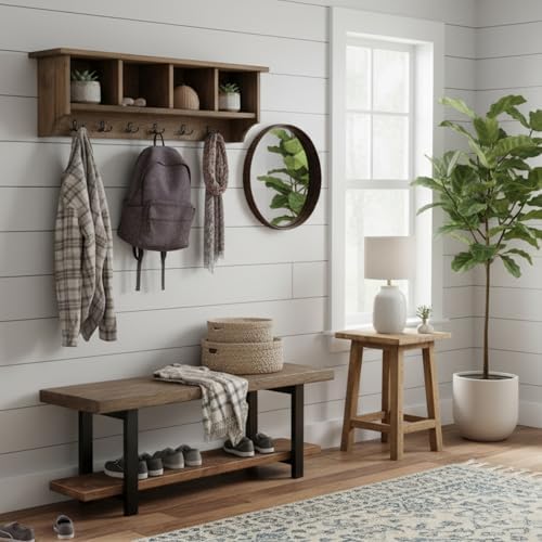 Pomona Solid Wood Entryway Bench and Coat Rack Set, Rustic Brown, 48 Inch - Image 5