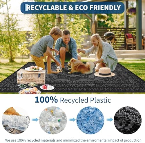 Outdoor Rug 9x12 Reversible Patio Rug Outdoor Plastic Straw Rugs Vintage Medallion Waterproof Outside Carpet for Deck RV Camping Rugs for Patio Backyard Picnic Porch Beach Balcony, Black Grey - Image 5