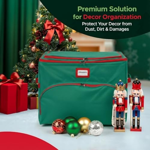 Christmas Nutcracker and Figurine Collectible Storage Box - Holds Up to 72 Ornaments 4” x 4” - Top Adjustable Compartments for Figurines, Nutcrackers, etc - Heavy Duty 600D/ Inside PVC Material, Green - Image 5