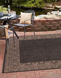 Unique Loom Outdoor Border Collection Area Rug - Floral Border (10' 8" Square, Charcoal Gray/ Beige) by UniqueLoom
