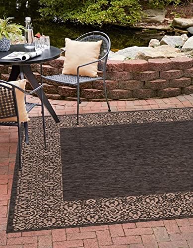 Unique Loom Outdoor Border Collection Area Rug - Floral Border (10' 8" Square, Charcoal Gray/ Beige) by UniqueLoom