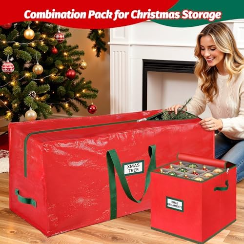 StorageRight Christmas Tree Bag & Ornament Storage Box 2Pcs Set, Waterproof 9 Ft Tree Storage & 64-Compartment Organizer with Dividers, Tag Pockets & Handles, Heavy-Duty Xmas Decor Containers, Red - Image 6