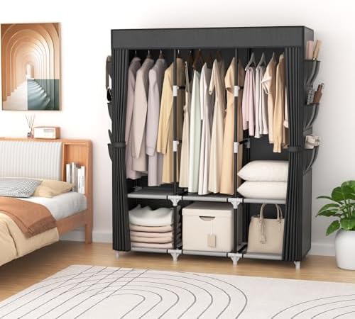 VTRIN Portable Closet for Hanging Clothes 52 Inch Wide Portable Wardrobe Closet with Cover, 6 Storage Shelves and 3 Hanging Rod, Diameter 19mm Metal Pipe, Sturdy Closet for Bedroom, Black - Image 7