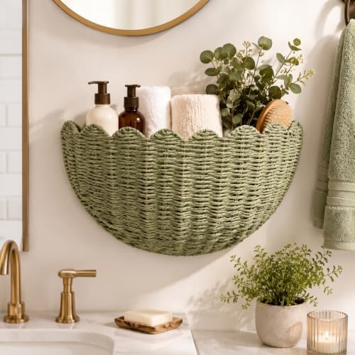 Newtay Sage Green Scalloped Wall Basket 16" x 10" x 7" Hand Woven Rattan Hanging Basket Boho Farmhouse Storage Organizer for Bathroom Living Room Entryway Decorative Floating Wicker Bin - Image 5