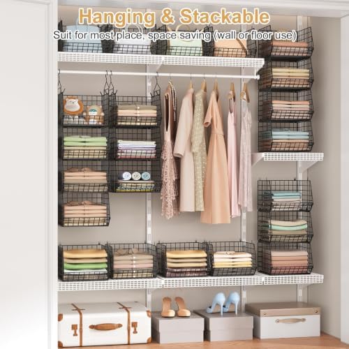 6 Tier Closet Hanging Organizer, Clothes Hanging Shelves with 4 Hanging Hooks 5 S Hooks, Wire Storage Basket Bins, for Clothing Sweaters Shoes Handbags Clutches Accessories Patent Design-Black - Image 2