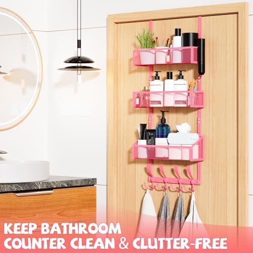 Kaiferty Over The Door Hooks Organizer, Coat Rack Over The Door Storage Hanger Towel Rack, Back of Door Storage Organizer for Bathroom,Bedroom,Kitchen,Office (Pink, 4-Tier) - Image 3