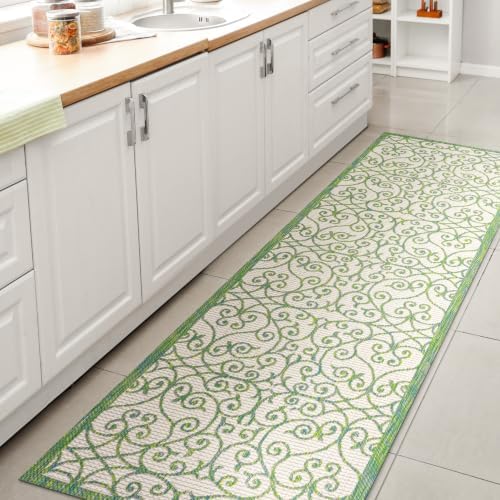 Eyely Filigree Weave Runner Rug 2X8 Cream/Green, Indoor Outdoor Rug by eyely